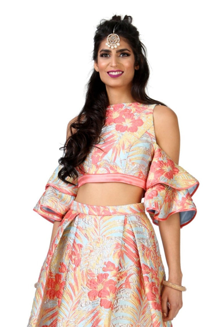 Harleen Kaur JAMANI Floral Palm Jacquard Lehenga - Front View