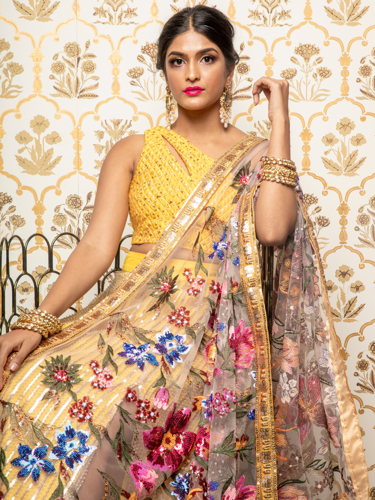 Yellow Diamond Jacquard Top and Striped Beaded Sequin Skirt with Floral Sequin Dupatta - Mehndi and Haldi Outfit Ideas - Harleen Kaur Blog