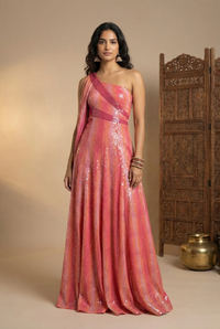 JUHI Pink and Orange Recycled Sequin Gown