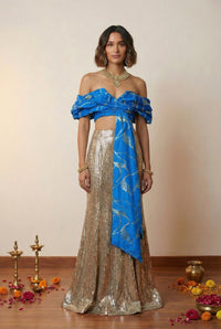 KAMAL Off-the-Shoulder Blue and Gold Lehenga Top