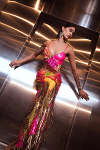 KINNI Fuchsia and Yellow Sequin Lehenga Maxi Skirt