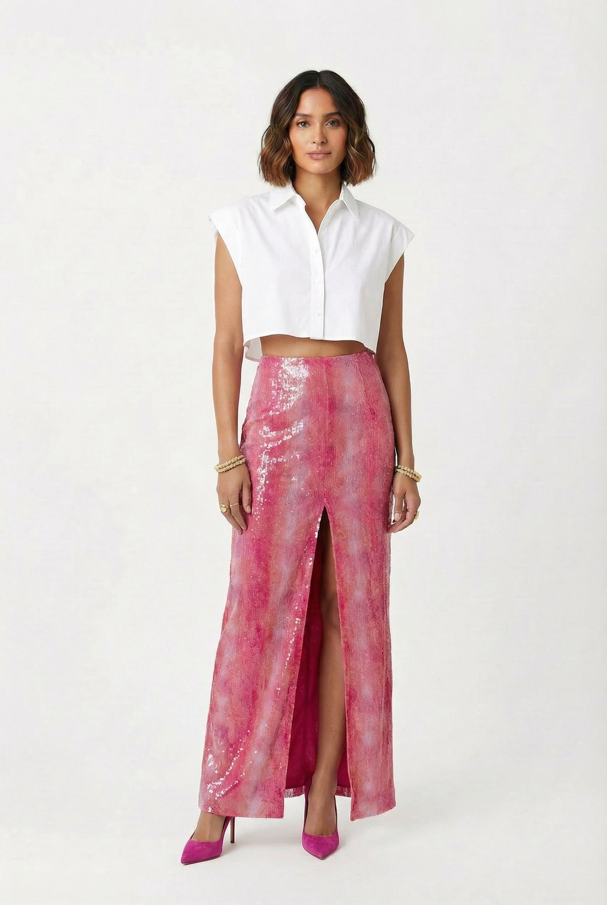LAVINA Pink Recycled Sequins Stretch Maxi Skirt