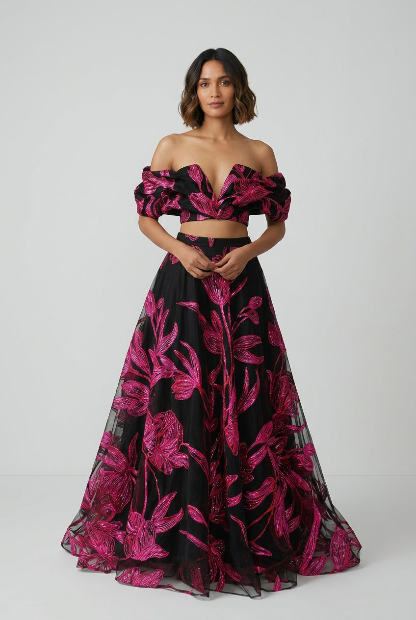 LIANA Rafia Black and Fuchsia Lehenga Set 6X / 42
