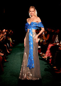 KAMAL Off-the-Shoulder Blue and Gold Lehenga Top