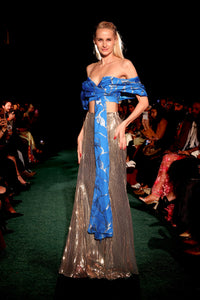 KAMAL Off-the-Shoulder Blue and Gold Lehenga Top