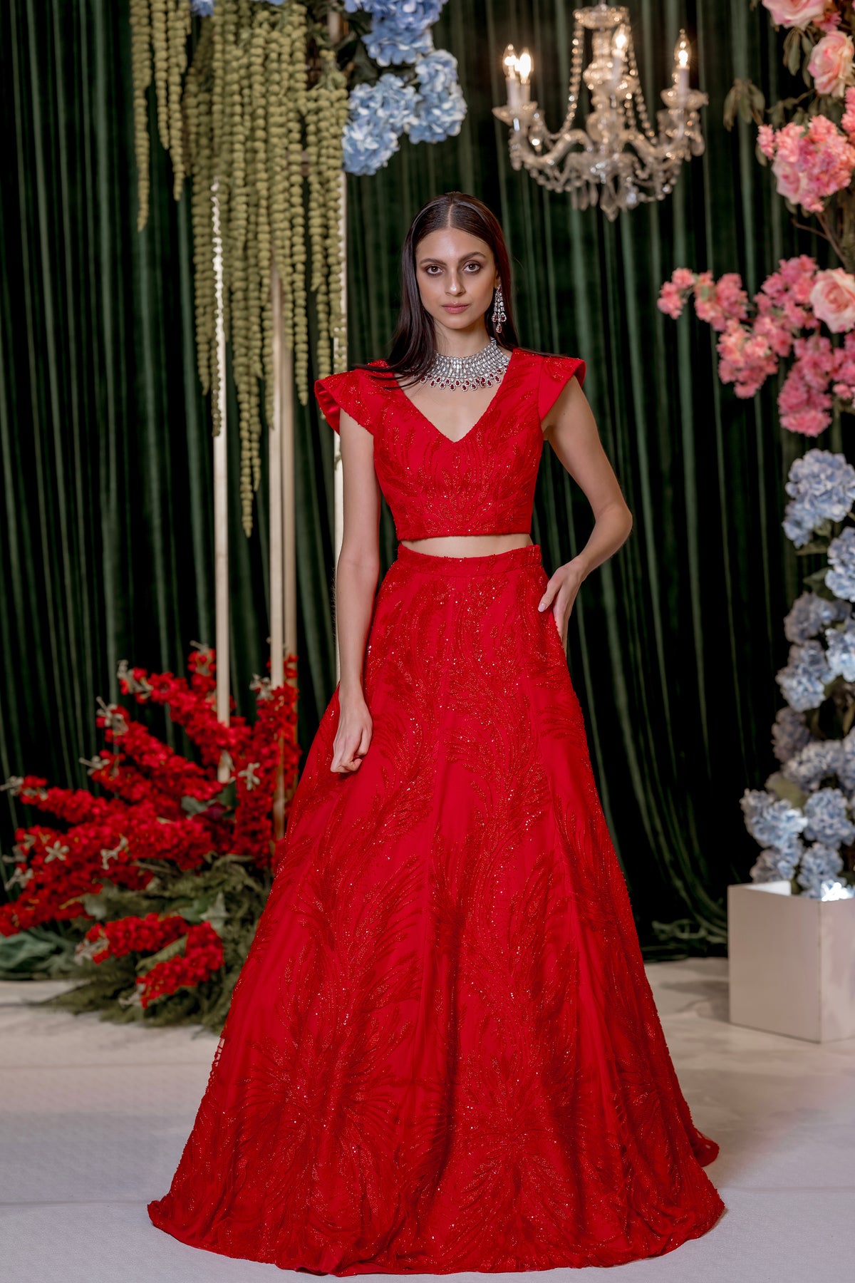 Luciana Red Lehenga Set | Modern Bridal Lehenga | Harleen Kaur Xs / 42" Luciana Red Lehenga Set | Modern Bridal Lehenga | Harleen Kaur Xs / 42"