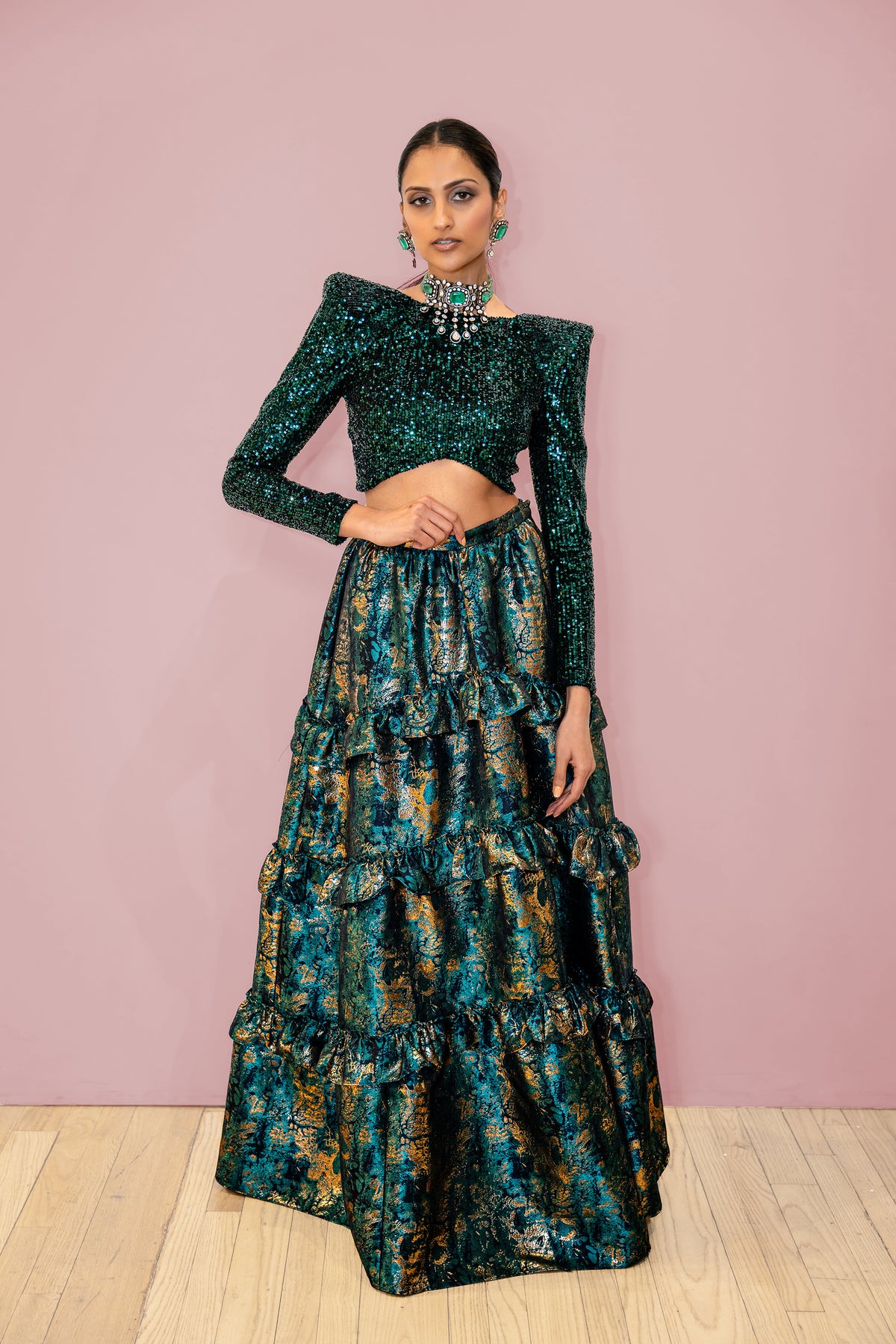 ZAINA Green Sequin Bold Shoulder Lehenga Top