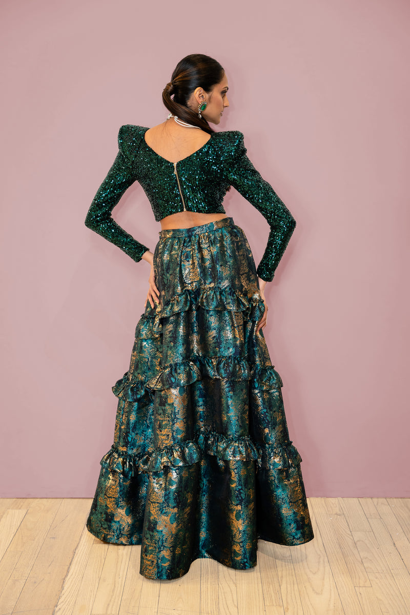 ZAINA Green Sequin Bold Shoulder Lehenga Top