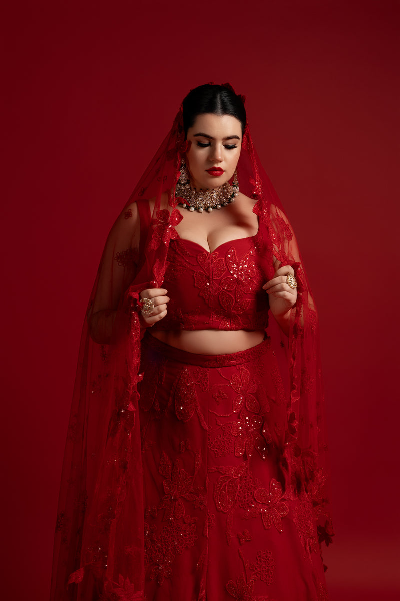 NATASHA Red Beaded Bridal Lehenga Set