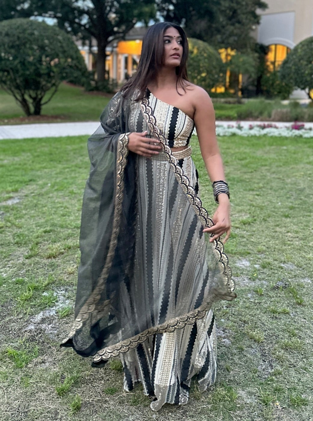 Black Tulle and Gold Scalloped Sequin Dupatta | Harleen Kaur HarleenKaur Black Tulle and Gold Scalloped Sequin Dupatta | Harleen Kaur HarleenKaur
