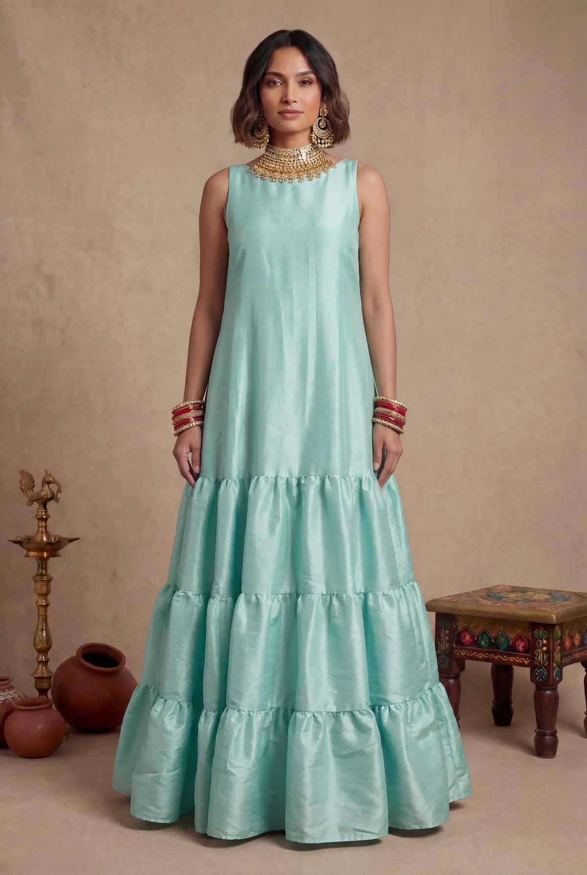 NILANA Aqua Dupioni Dress (Sample)