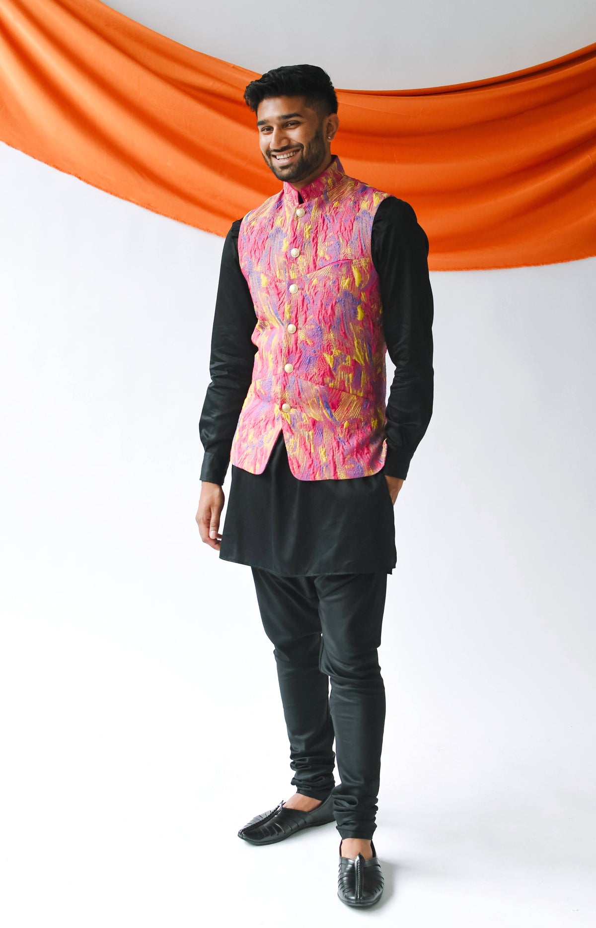 NIVAN Yellow and Pink Painted Jacquard Vest