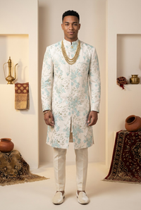 PARK Floral Vines Cream and Pink Sherwani