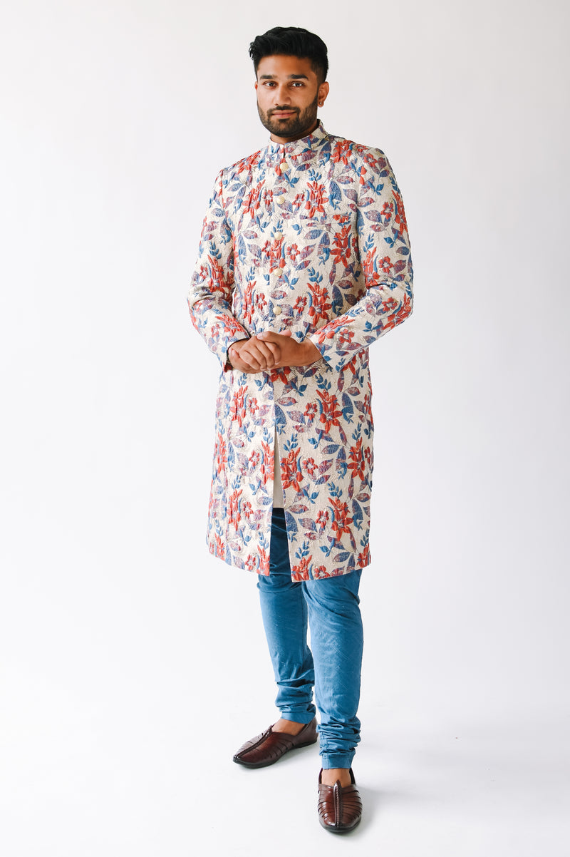 RAAM Orange and Blue Floral Gold Sherwani