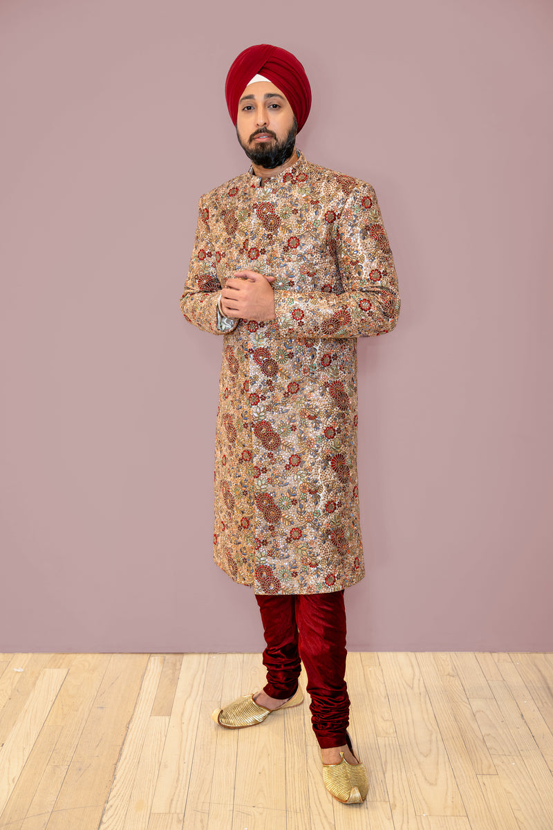 RAJAN Gold and Red Wedding Sherwani