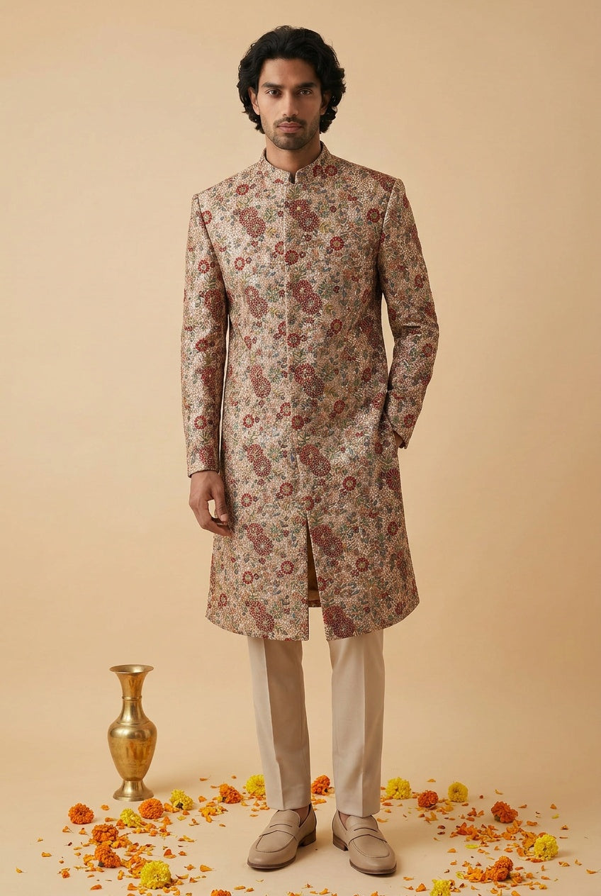 RAJAN Gold and Red Wedding Sherwani
