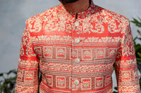 RANJA Sherwani Jacket in Red and Gold Jacquard - Gold Button and Fabric Details 