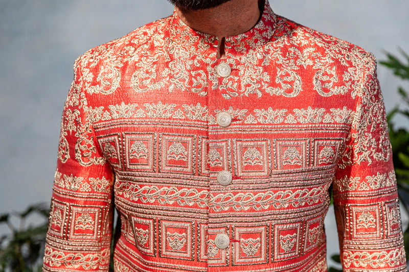RANJA Sherwani Jacket in Red and Gold Jacquard - Gold Button and Fabric Details 