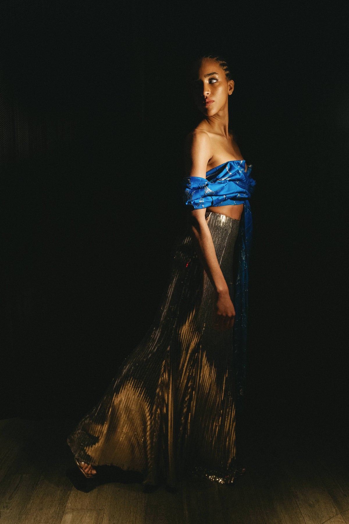 KAMAL Off-the-Shoulder Blue and Gold Lehenga Top