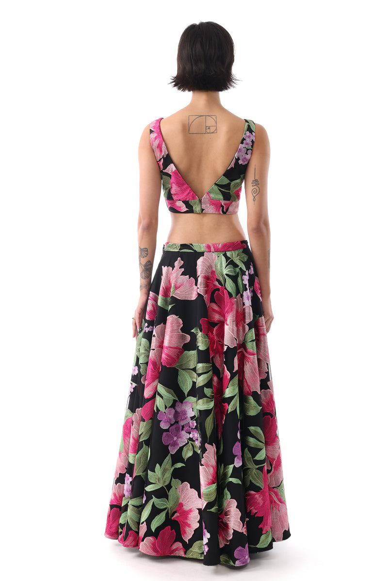 RIVER Black and Pink Floral Lehenga Skirt