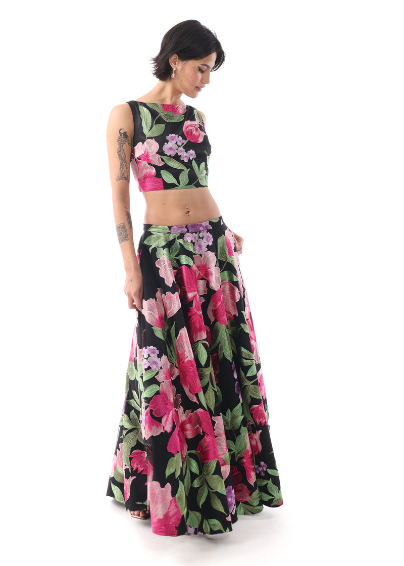 RIVER Black and Pink Floral Lehenga Skirt