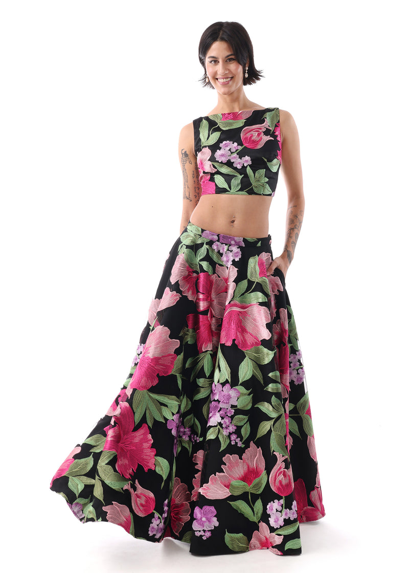 RIVER Black and Pink Floral Lehenga Skirt