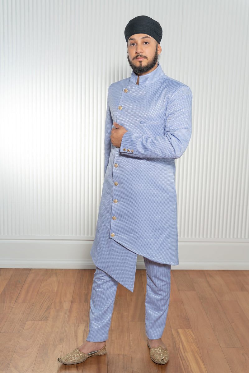 The Saleem Asymmetrical Sherwani in Periwinkle Pique - Front View - Harleen Kaur