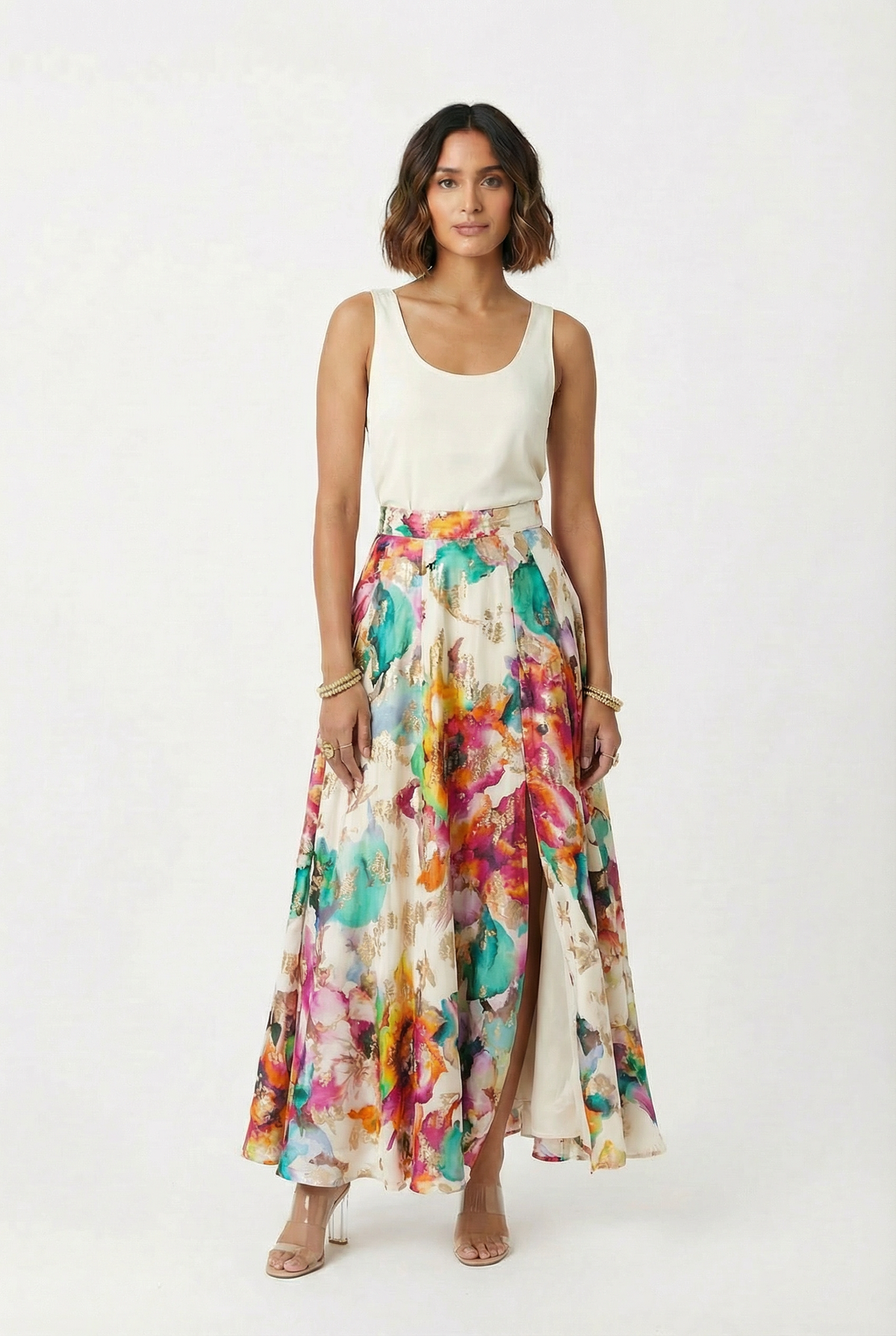 SANA Watercolor Metallic Floral Slit Lehenga Skirt