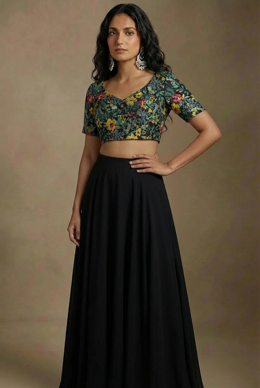 SANYA Black and Green Jungle Floral Top