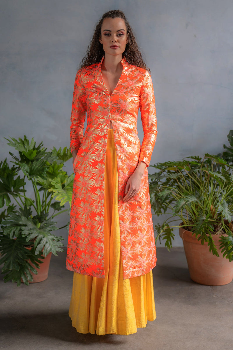 RANI Neon Orange Jacquard Jacket - Front View - Harleen Kaur