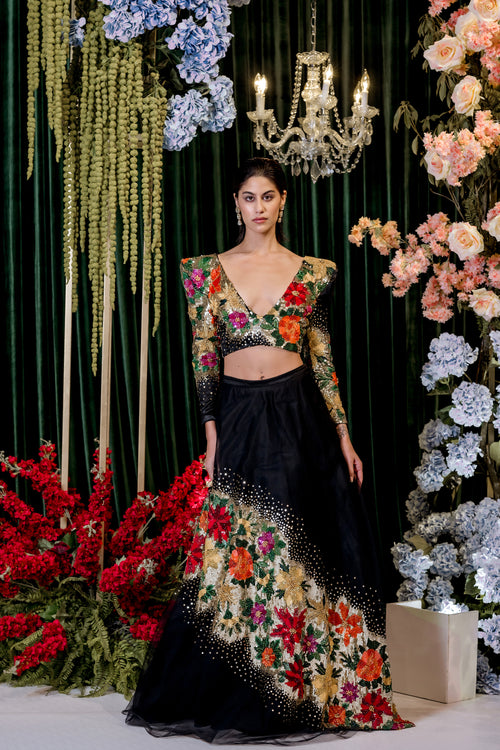 Black Floral Embroidery Silk Lehenga Set