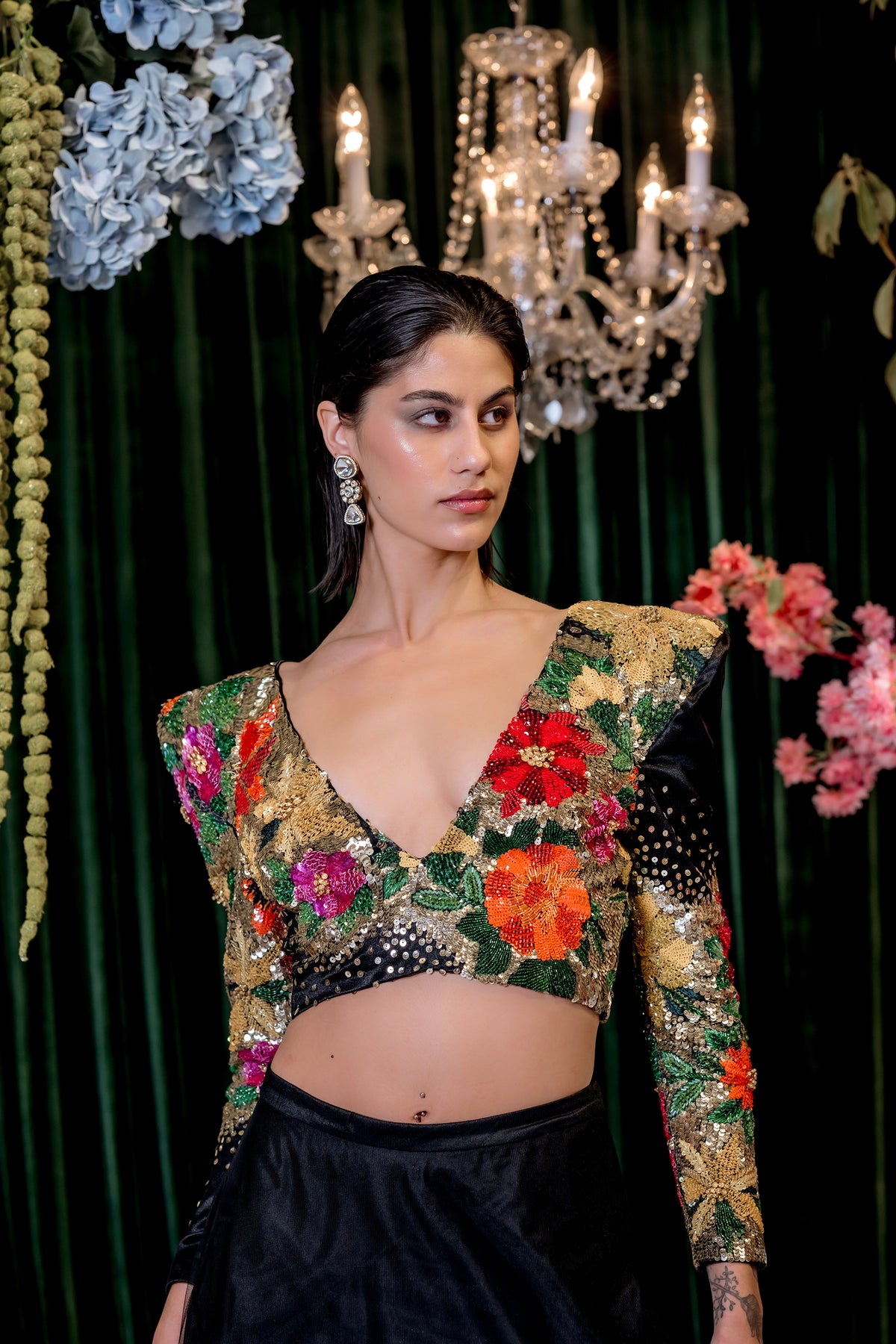 SICILY Black Floral Bridal Lehenga Set