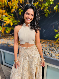 SAMRATA Metallic Stretch Halter Crop Top