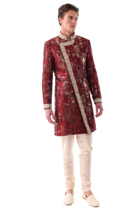 TARAN Red and Gold Asymmetrical Sherwani