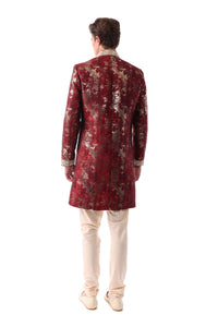 TARAN Red and Gold Asymmetrical Sherwani