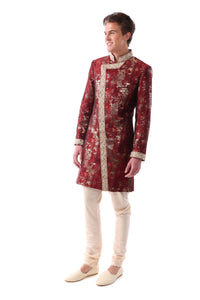 TARAN Red and Gold Asymmetrical Sherwani