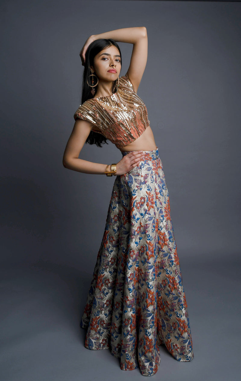 TERRA Blue and Orange Lehenga Skirt