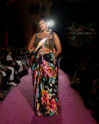 VANI Black Floral Metallic Pre-Stitched Saree