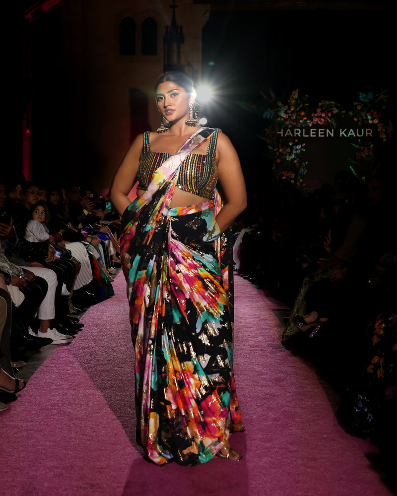 VANI Black Floral Metallic Pre-Stitched Saree
