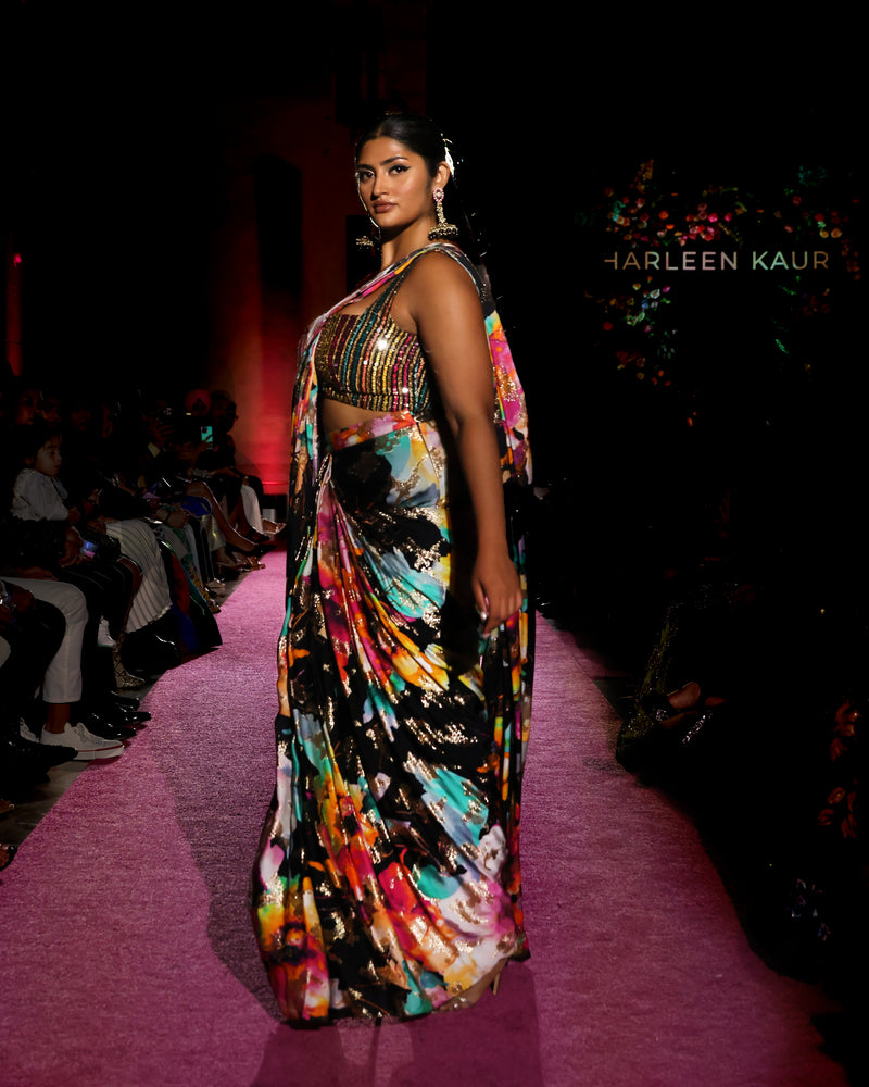VANI Black Floral Metallic Pre-Stitched Saree