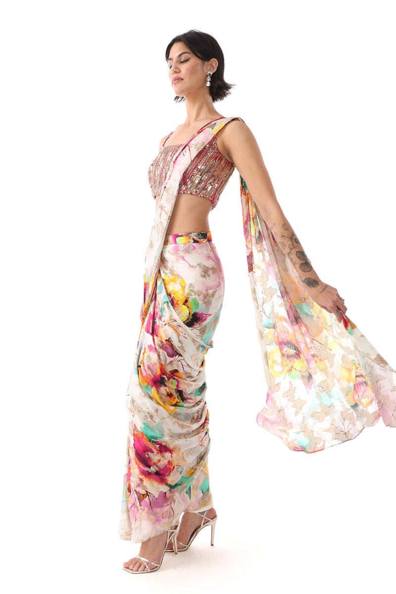 VANI Pre-stitched Watercolor Floral Saree