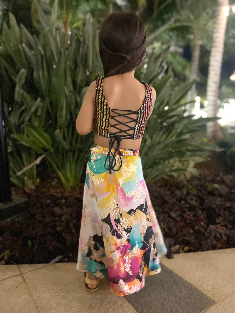 VEENA Black Floral and Sequin Kids Lehenga Set