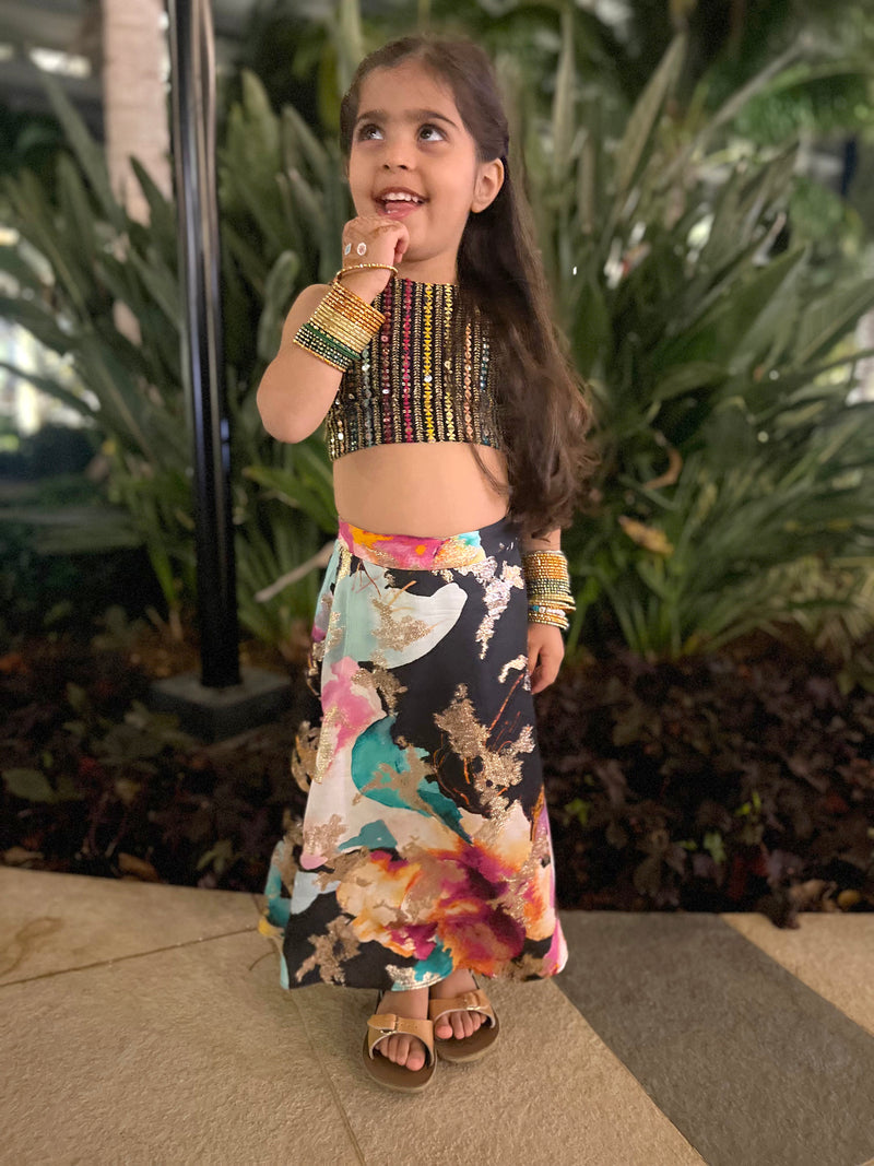 VEENA Black Floral and Sequin Kids Lehenga Set