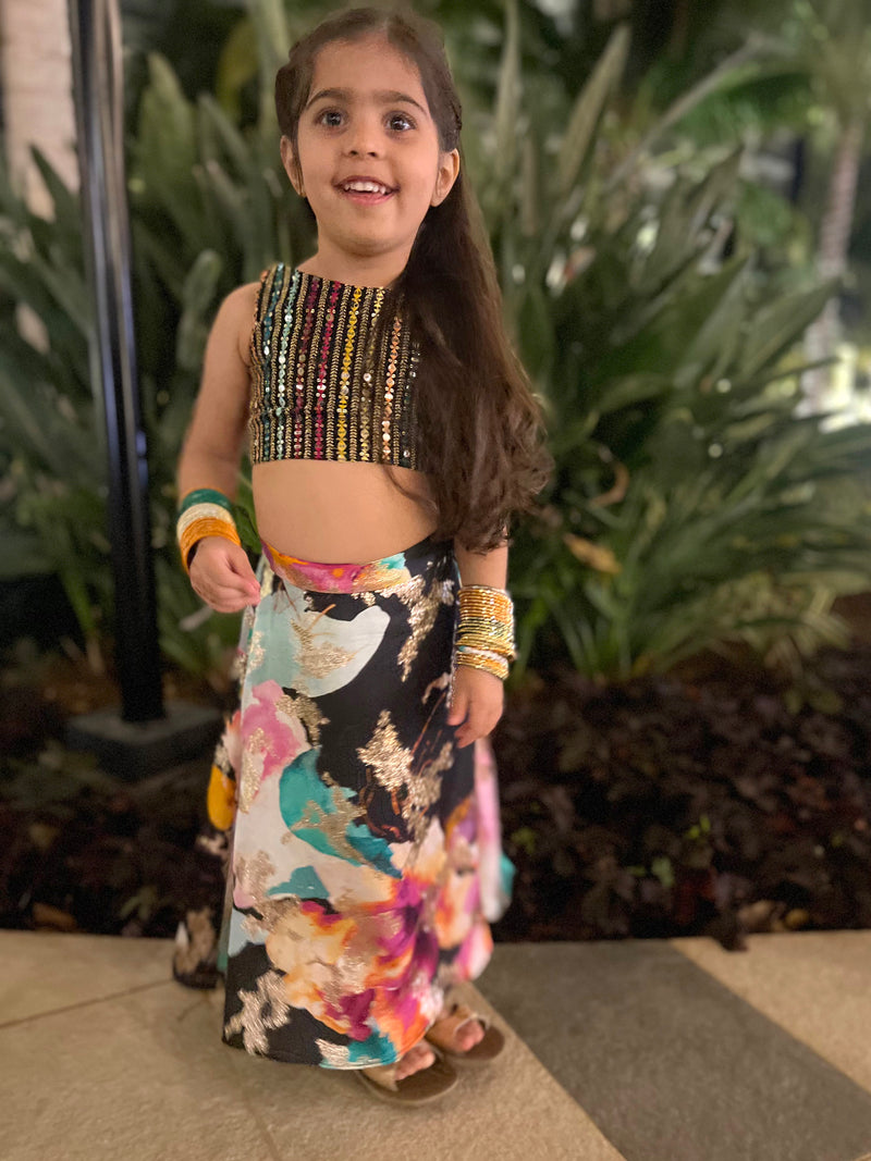 VEENA Black Floral and Sequin Kids Lehenga Set