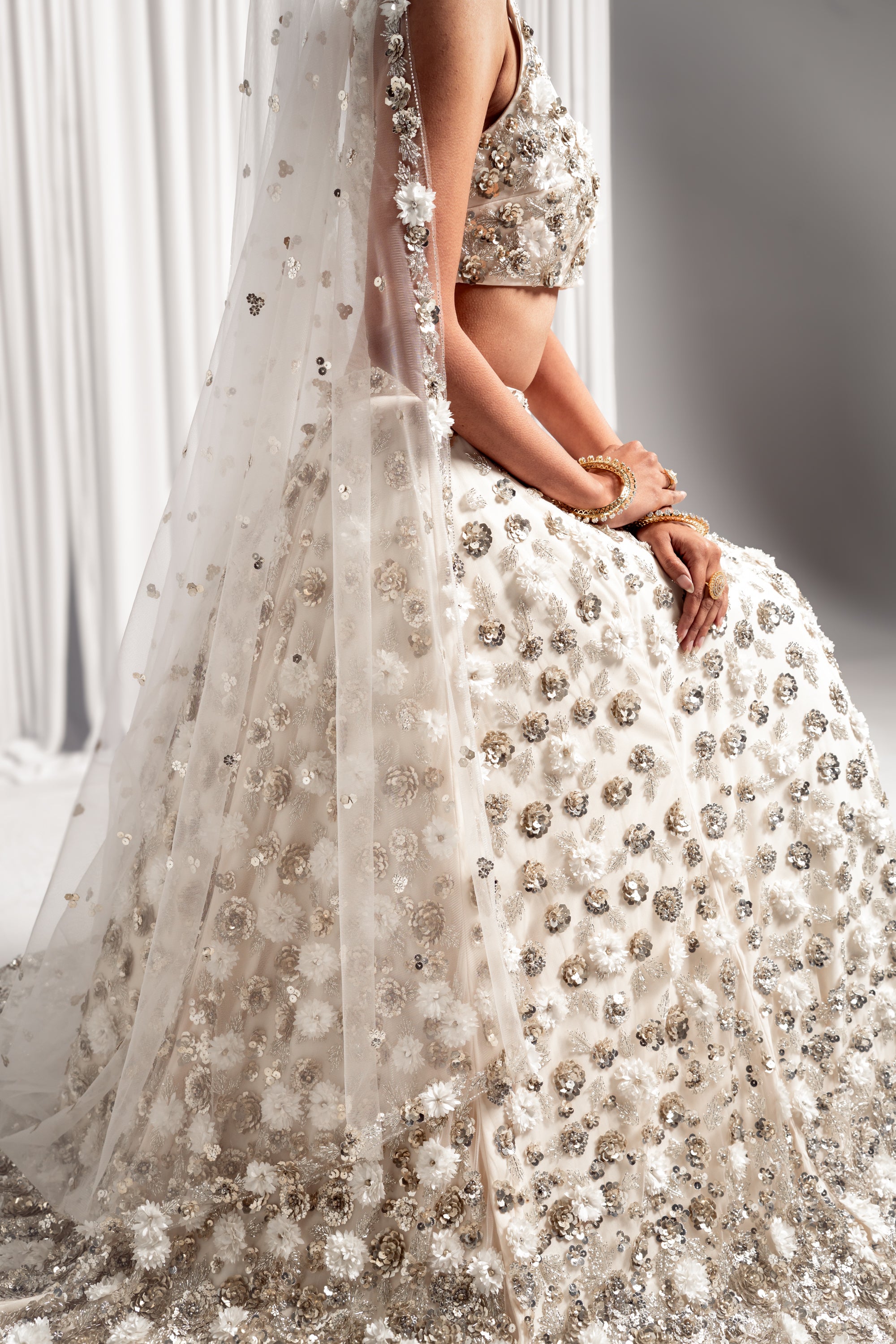 VIVIANNA Metal Floral Sequin Bridal Lehenga Set