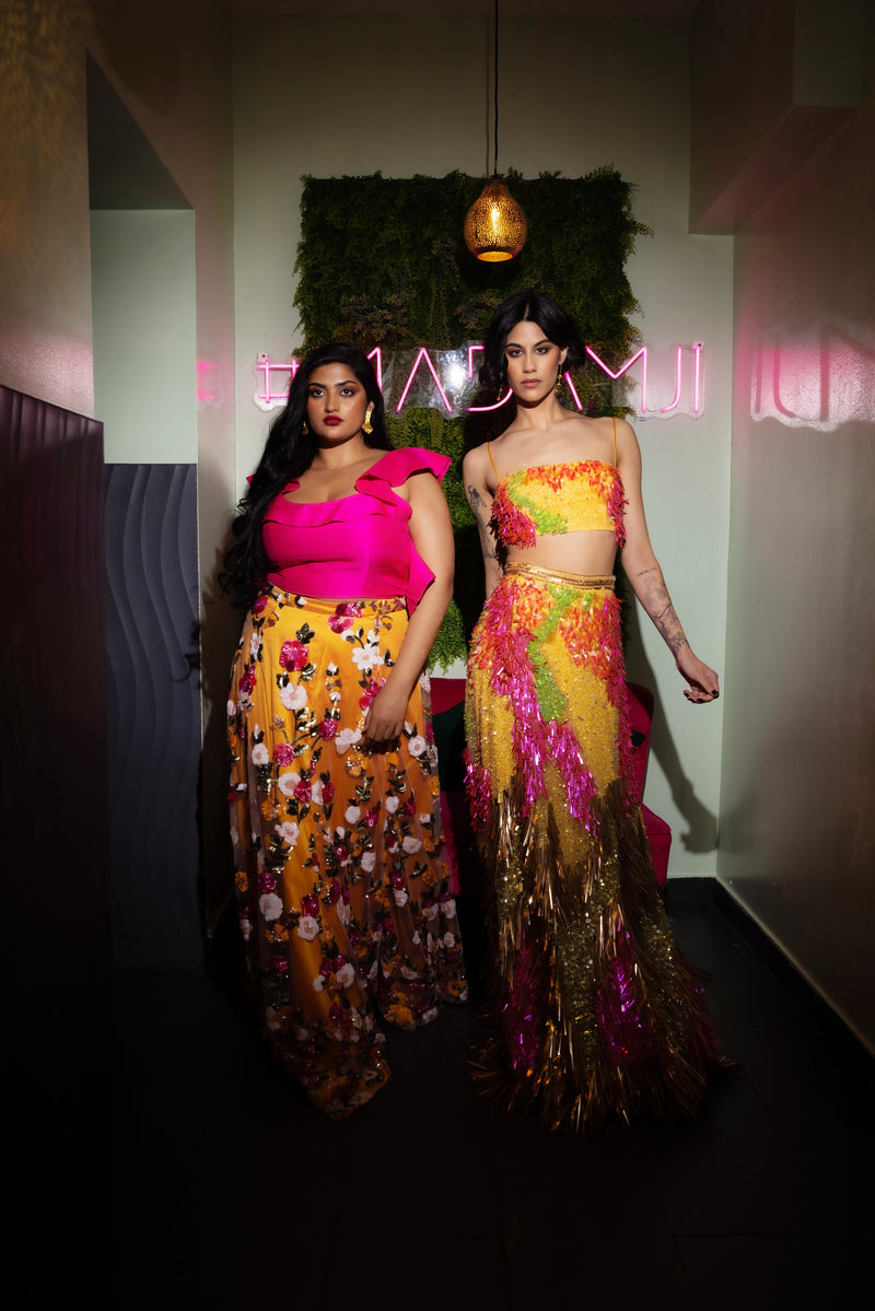 PENELOPE Yellow and Pink Floral Lehenga Skirt