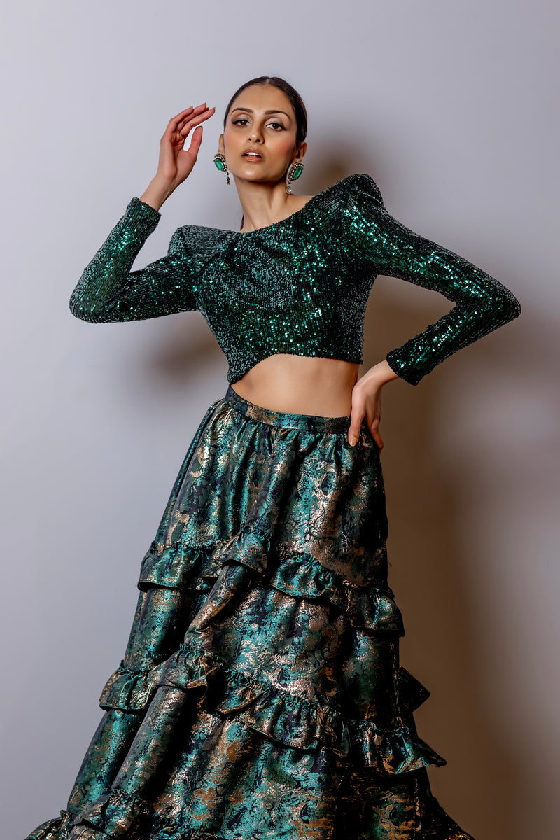 ZAINA Green Sequin Bold Shoulder Lehenga Top