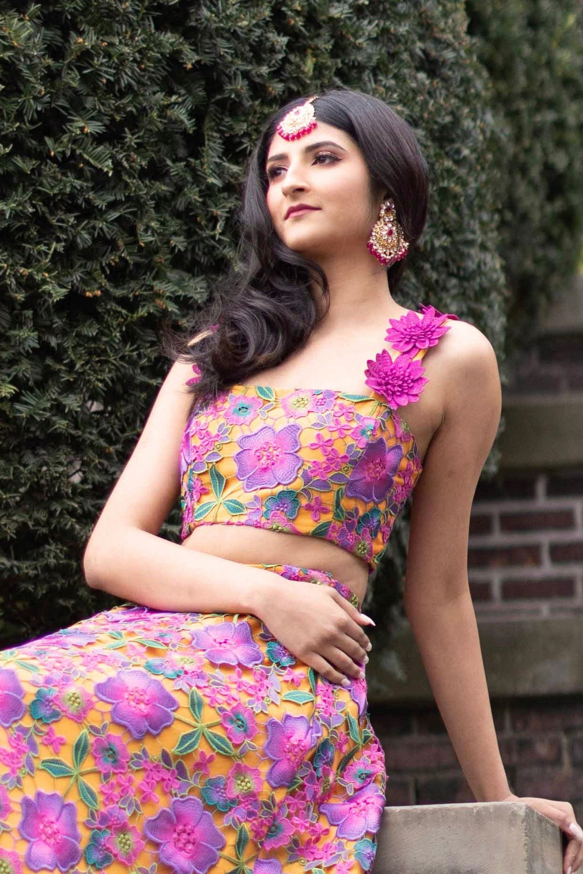 APARNA Pink & Yellow Floral Lehenga Top (Ready-to-Ship)