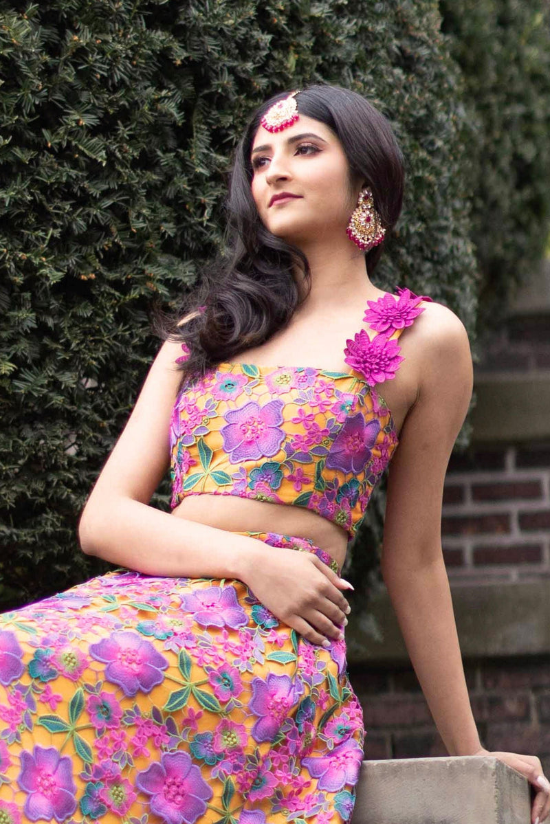 APARNA Pink & Yellow Floral Lehenga Top (Ready-to-Ship)