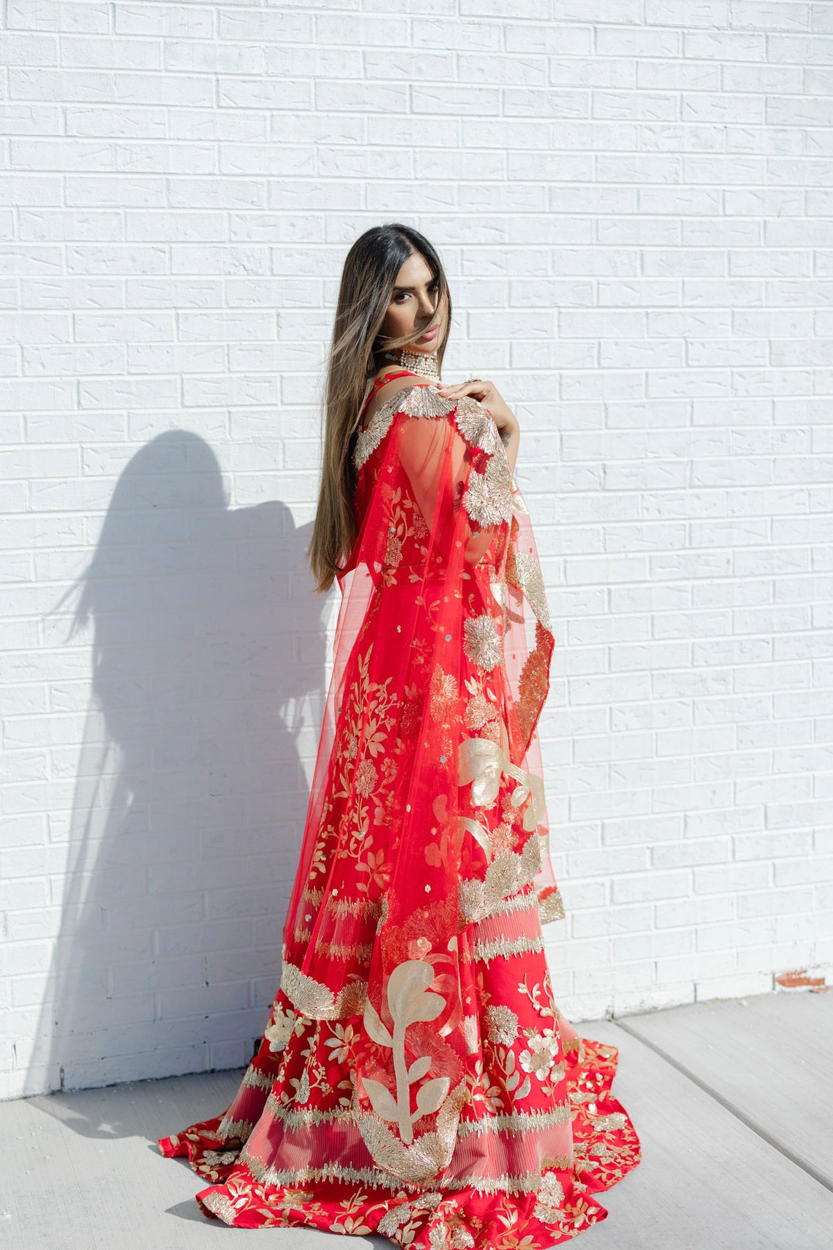 BRIELLA Red and Gold Sequin Lehenga Set
